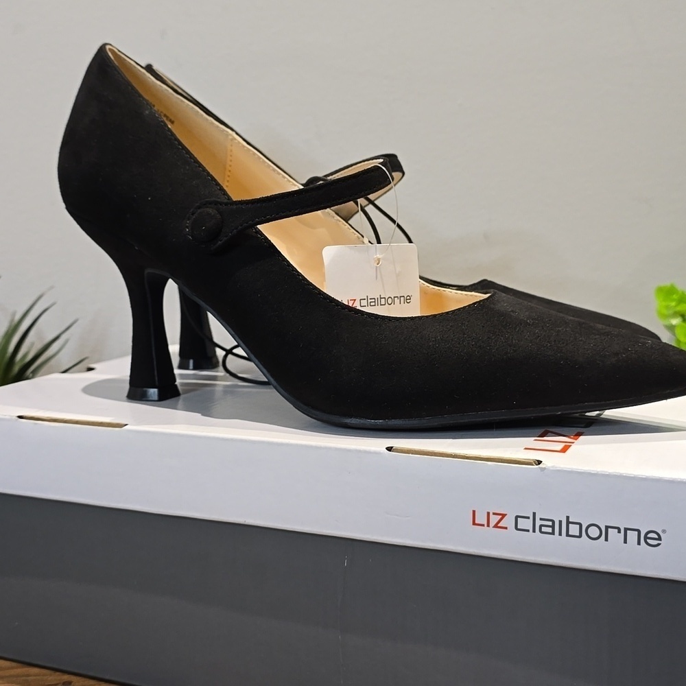 Liz Claiborne - Peak Memory Foam Heels with Strap, Black Faux Suede, Size 9.5 M 
